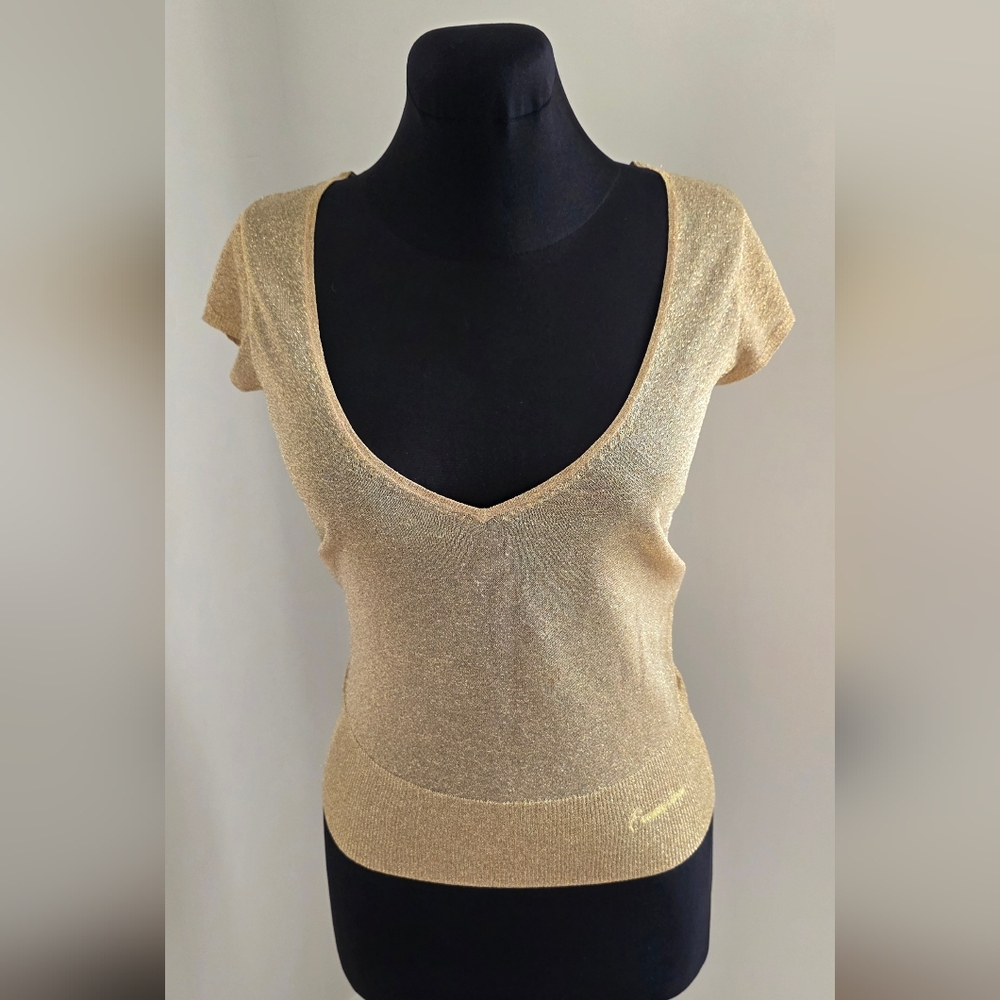 Fracomina Metallic Gold Fine Knit V-neck Top T-shirt XS